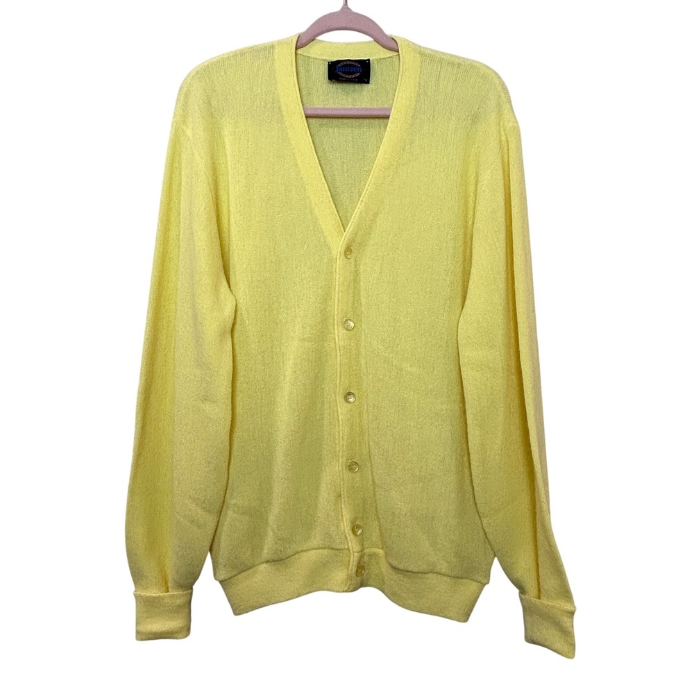 Jantzen Cardigan Sweater Mens Large Yellow Vintage V-Neck USA Made Preppy Bright